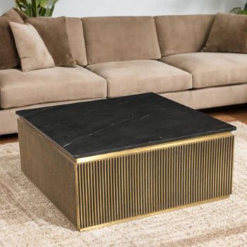 Stephen Black Marble Top Ribbed Brass Square Coffee Table
