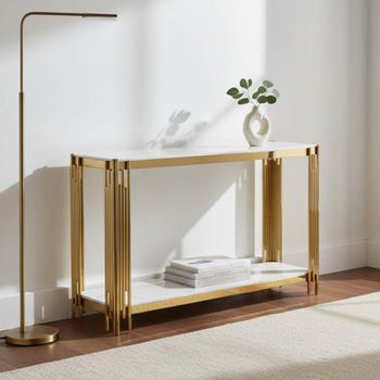 Belini White Sintered Stone and Gold Console Table
