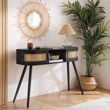 Noah Black and Rattan 110cm 2 Door Console Table