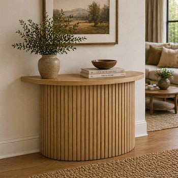 Timo Lacquered Oak Half Moon Console Table with Slatted Base - Sizes Available