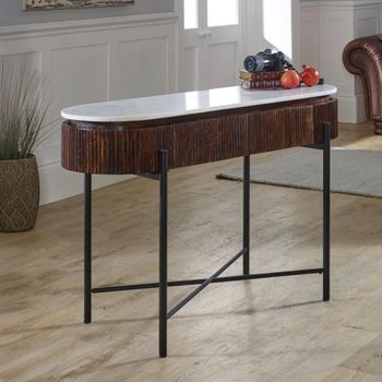 Opal Fluted White Marble Top Mango Wood 2 Drawer Console Table