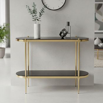 Arezzo Black Glass and Gold Metal Oval Console Table with Shelf