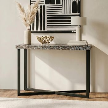 Fusion Shell Crackle Mosaic with Black Metal Console Table