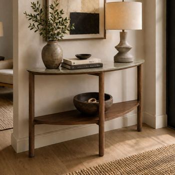Willow Tobacco Walnut and Beige Wood and Marble Effect Half Moon Console Table