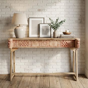 Unique One of a Kind - Bleached Hand Carved Rustic Natural Solid Wood Rectangle Console Table