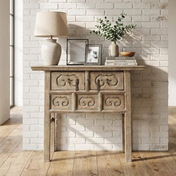 Unique One of a Kind - Carved Rustic Natural Elm Wood 2 Drawer Rectangle Console Table