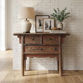 Unique One of a Kind - Distressed Rustic Brown Elm Wood 3 Drawer Rectangle Console Table