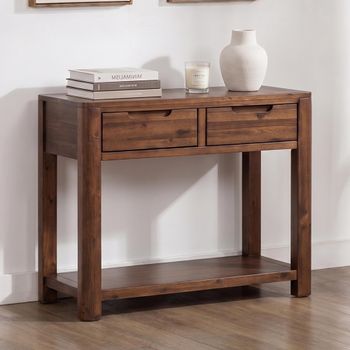 New Monterey Walnut Acacia Wood 2 Drawer Console Table