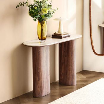 Delphi Dark Brown Ceramic and Wooden Pedestal Base Curved Oval Console Table