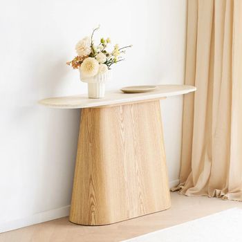 Larvik Off White and Natural Granite and Wooden Pedestal Base Oval Console Table