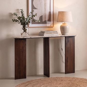 Mathilde Walnut and Beige Marble Top Panel Base Oval Console Table