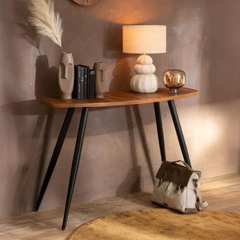 Natural and Black Recycle Teak Wood Curved Oval Console Table with Tapered Legs