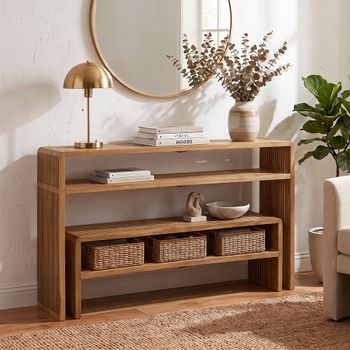 Slatted Natural Recycle Teak Wood 2 Tier Console Table