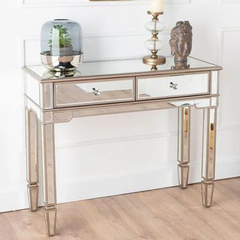 Antoinette Champagne Trim Mirrored 2 Drawer Console Table