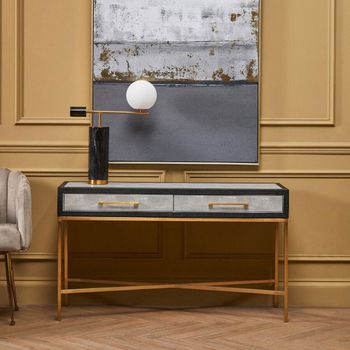 Cadio 2 Drawer Console Table with Grey Faux Shagreen with Gold Legs