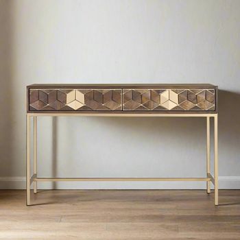 Caltan Walnut Mango Wood and Gold 2 Drawer Geometric Console Table