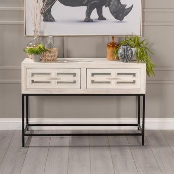 Clearance - Geo 2 Drawer Rectangle Console Table White Mirrored Distressed White Wash