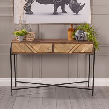 Clearance - Rennes 2 Drawer Rectangle Console Table Chevron Rustic Mango Wood