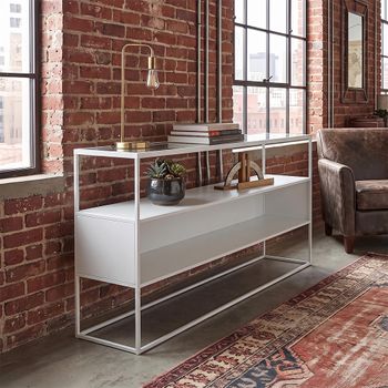 Industrial White Glass and Metal Console Table