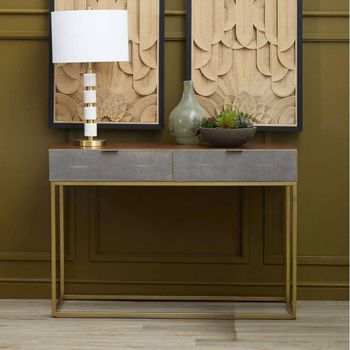 Kempton Walnut and Gold Metal 2 Drawer Console Table