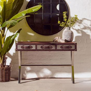 Kensington Townhouse Brown and White Leather 3 Drawer Console Table