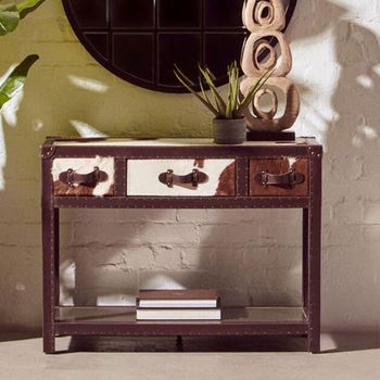 Kensington Townhouse Brown and White Leather with Shelf 3 Drawer Console Table