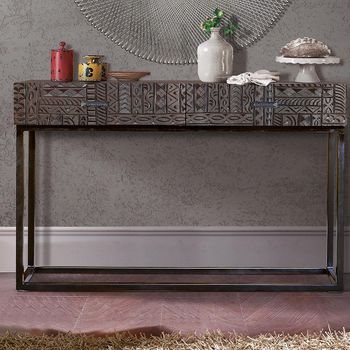 Macedonia Carved Dark Mango Wood 2 Drawer Console Table