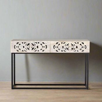 Quintana Mango Wood 2 Drawer Washed Carved Console Table