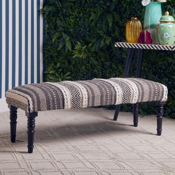 Cefena Bench Grey and White Patterned Fabric