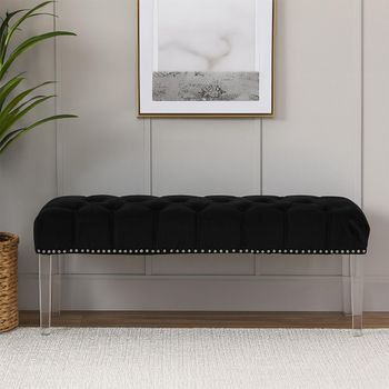 Clarence Bench with Button Tufted Design Black Velvet Fabric