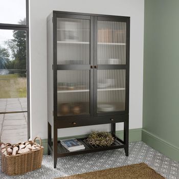 Barwick Charcoal Matt Lacquered Solid Bayur and Mindi Veneer Glazed 2 Door 1 Drawer Cabinet