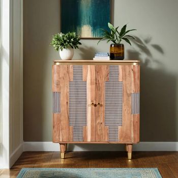Wilton Gold Trim Acacia Wood 2 Door Ribbed Hall Cabinet