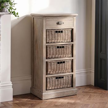 Narrow 1 Drawer Cabinet Grey Wood 4 Rattan Basket