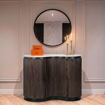 Mayfield White Marble Top 1 Door Dark Wood Fluted Base Bar Cabinet