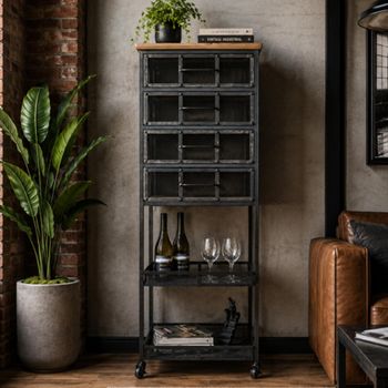 Industrial 4 Drawer Cabinet Wine Rack on Wheels Black Metal