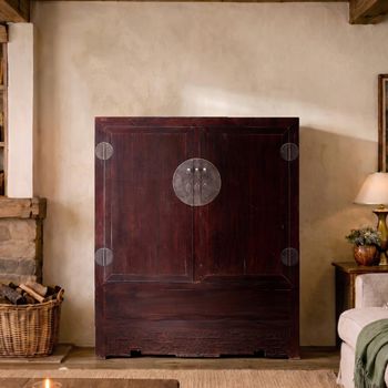 Unique One of a Kind - Carved Oriental Dark Brown Lacquered Pine 2 Door 2 Drawer Storage Cabinet