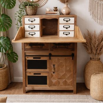 Rustic Fir Wood Multi Drawer 1 Door 7 Drawer Cabinet