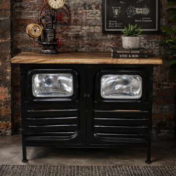 Truck Black Metal and Wood 2 Door Cabinet