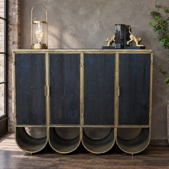 Black Wood and Metal Storage 4 Door Cabinet