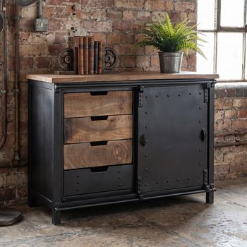 Sliding Door Black Metal and Mango Wood 1 Door 4 Drawer Cabinet