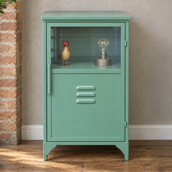 Storage 1 Door Cabinet Industrial Green Metal and Glass