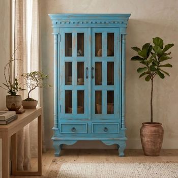 Atrium Distressed Turquoise Blue Mango Wood 2 Door 2 Drawer Hall Cabinet