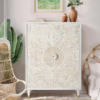 Dover 2 Door Cabinet Ivory White Carved Mango Wood