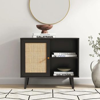 Clearance - Ferrero 1 Door Cabinet Black and Woven Rattan