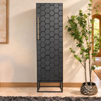 Black Metal and Wood 1 Door Tall Hall Cabinet