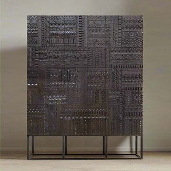 Macedonia Carved Dark Mango Wood 3 Door Hall Cabinet