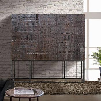 Macedonia Carved Dark Mango Wood 4 Door Large Hall Cabinet