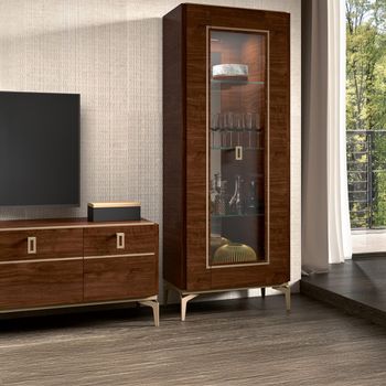 Modern Eva 1 Door Vitrine Walnut with Gold Trim 1 Glass Door