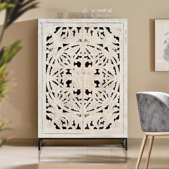 Quintana Mango Wood 2 Door Washed Carved Hall Cabinet