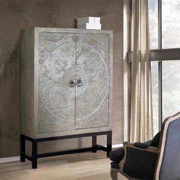 Scarlet Grey Carved Mango Wood 2 Door Hall Cabinet